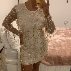 Rose Gold Sequin Detail Long Sleeve Mini Dress